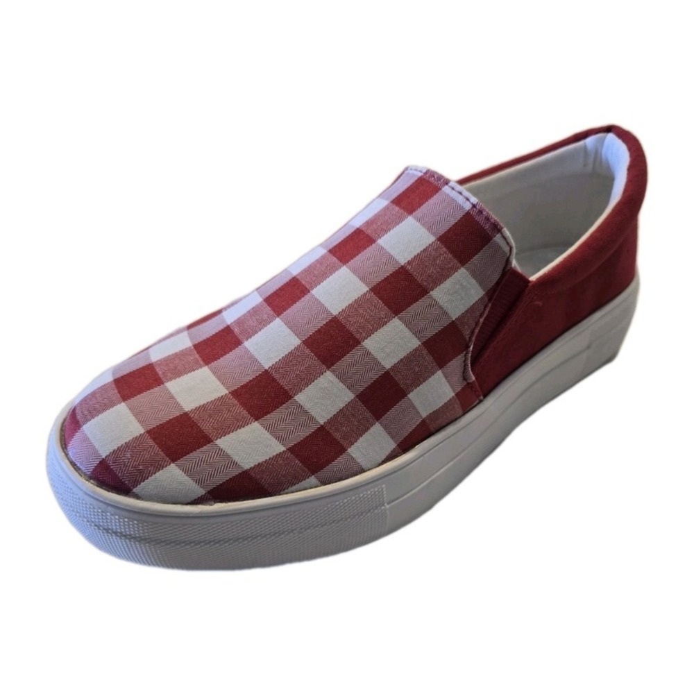 Women's Slip on Platform Sneakers Red White Plaid Memory Foam Soda Hike-G 7.5
